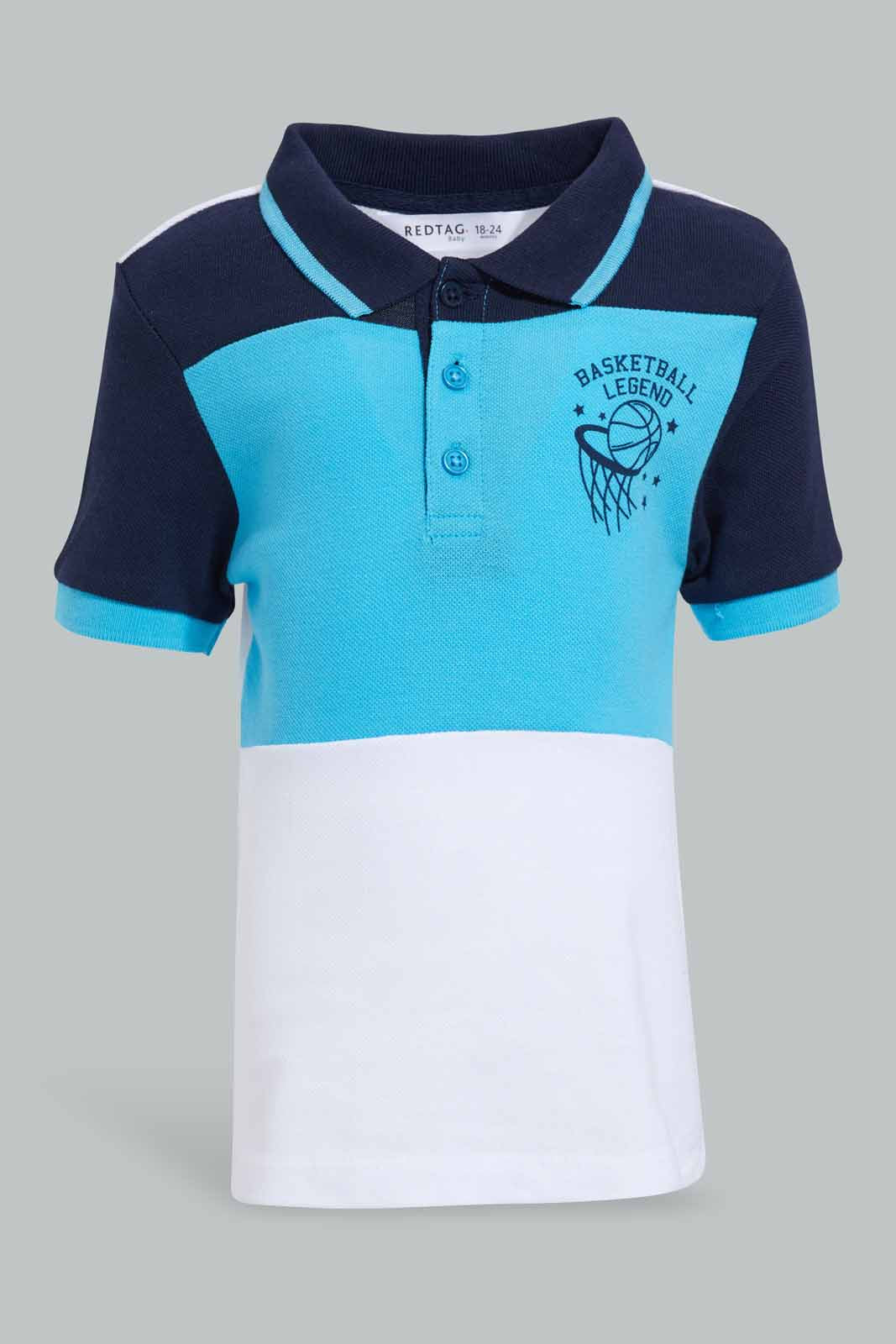 Redtag-Blue-Navy-White-Polo-Cut-And-Sew-Pique-Polo-Polo-Shirts-Infant-Boys-3 to 24 Months