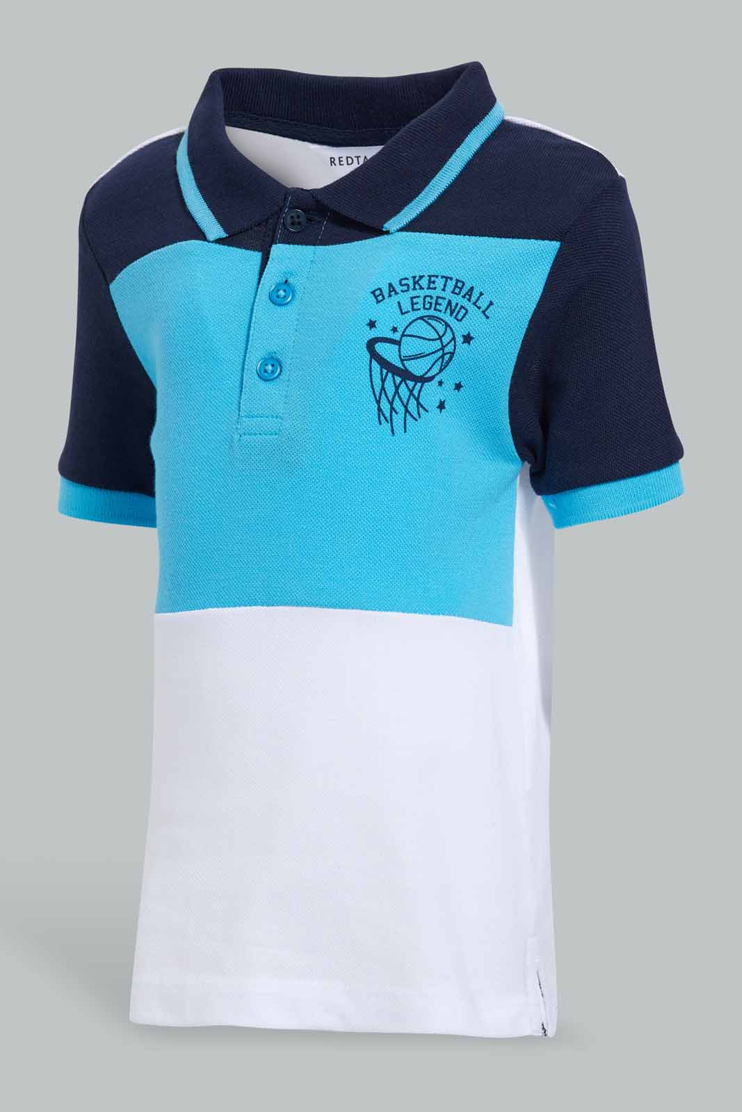 Redtag-Blue-Navy-White-Polo-Cut-And-Sew-Pique-Polo-Polo-Shirts-Infant-Boys-3 to 24 Months