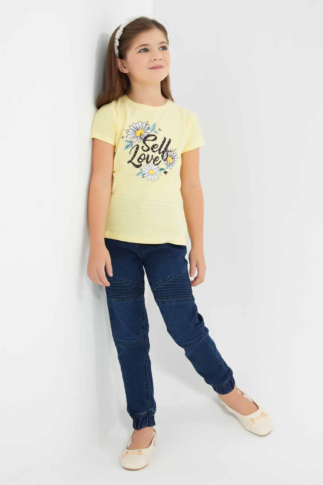 Redtag-Girls-T-Shirt-With-Rhinestone-And-Print-Category:T-Shirts,-Colour:Yellow,-Deals:New-In,-Filter:Girls-(2-to-8-Yrs),-GIR-T-Shirts,-New-In-GIR-APL,-Non-Sale,-S22D,-Section:Girls-(0-to-14Yrs),-TBL-Girls-2 to 8 Years