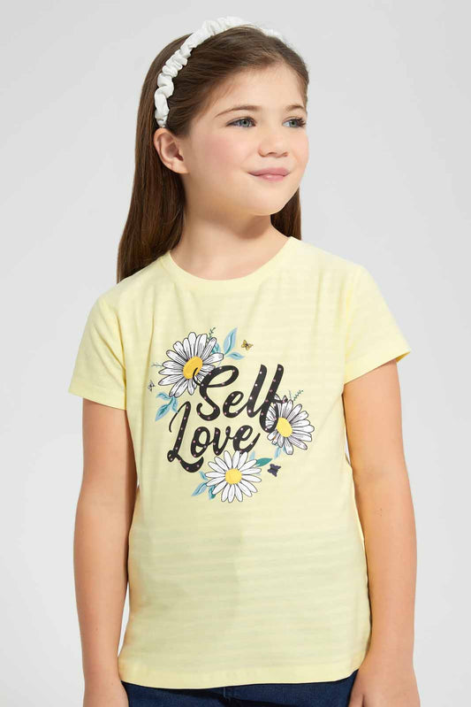 Redtag-Girls-T-Shirt-With-Rhinestone-And-Print-Category:T-Shirts,-Colour:Yellow,-Deals:New-In,-Filter:Girls-(2-to-8-Yrs),-GIR-T-Shirts,-New-In-GIR-APL,-Non-Sale,-S22D,-Section:Girls-(0-to-14Yrs),-TBL-Girls-2 to 8 Years