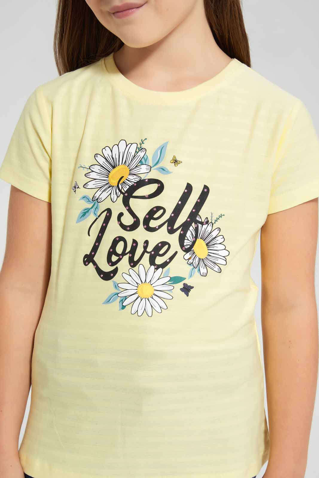 Redtag-Girls-T-Shirt-With-Rhinestone-And-Print-Category:T-Shirts,-Colour:Yellow,-Deals:New-In,-Filter:Girls-(2-to-8-Yrs),-GIR-T-Shirts,-New-In-GIR-APL,-Non-Sale,-S22D,-Section:Girls-(0-to-14Yrs),-TBL-Girls-2 to 8 Years