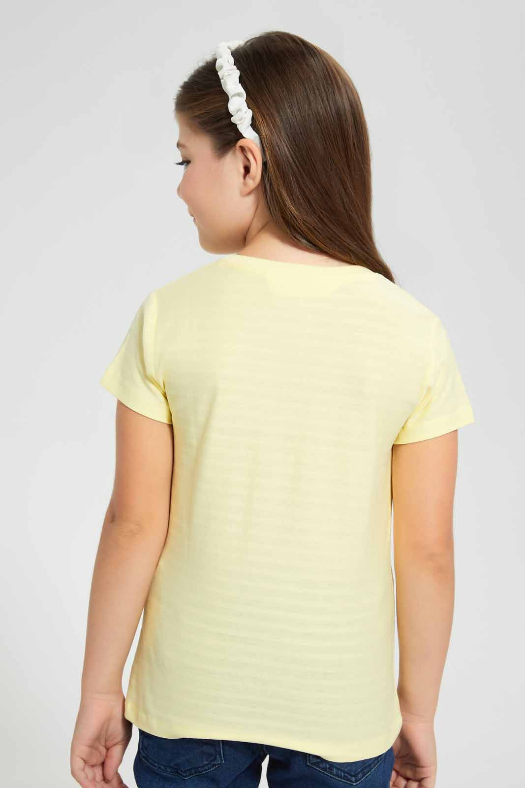 Redtag-Girls-T-Shirt-With-Rhinestone-And-Print-Category:T-Shirts,-Colour:Yellow,-Deals:New-In,-Filter:Girls-(2-to-8-Yrs),-GIR-T-Shirts,-New-In-GIR-APL,-Non-Sale,-S22D,-Section:Girls-(0-to-14Yrs),-TBL-Girls-2 to 8 Years