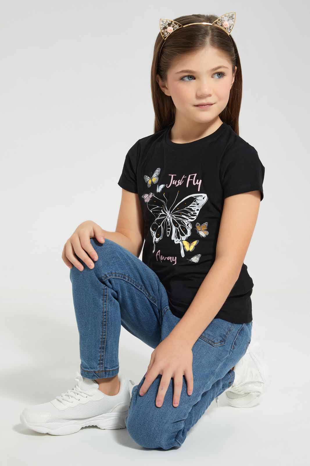 Redtag-Girls-T-Shirt-With-Rhinestone-And-Print-Category:T-Shirts,-Colour:Black,-Deals:New-In,-Filter:Girls-(2-to-8-Yrs),-GIR-T-Shirts,-New-In-GIR-APL,-Non-Sale,-S22D,-Section:Girls-(0-to-14Yrs),-TBL-Girls-2 to 8 Years