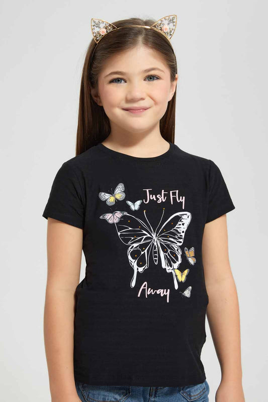 Redtag-Girls-T-Shirt-With-Rhinestone-And-Print-Category:T-Shirts,-Colour:Black,-Deals:New-In,-Filter:Girls-(2-to-8-Yrs),-GIR-T-Shirts,-New-In-GIR-APL,-Non-Sale,-S22D,-Section:Girls-(0-to-14Yrs),-TBL-Girls-2 to 8 Years