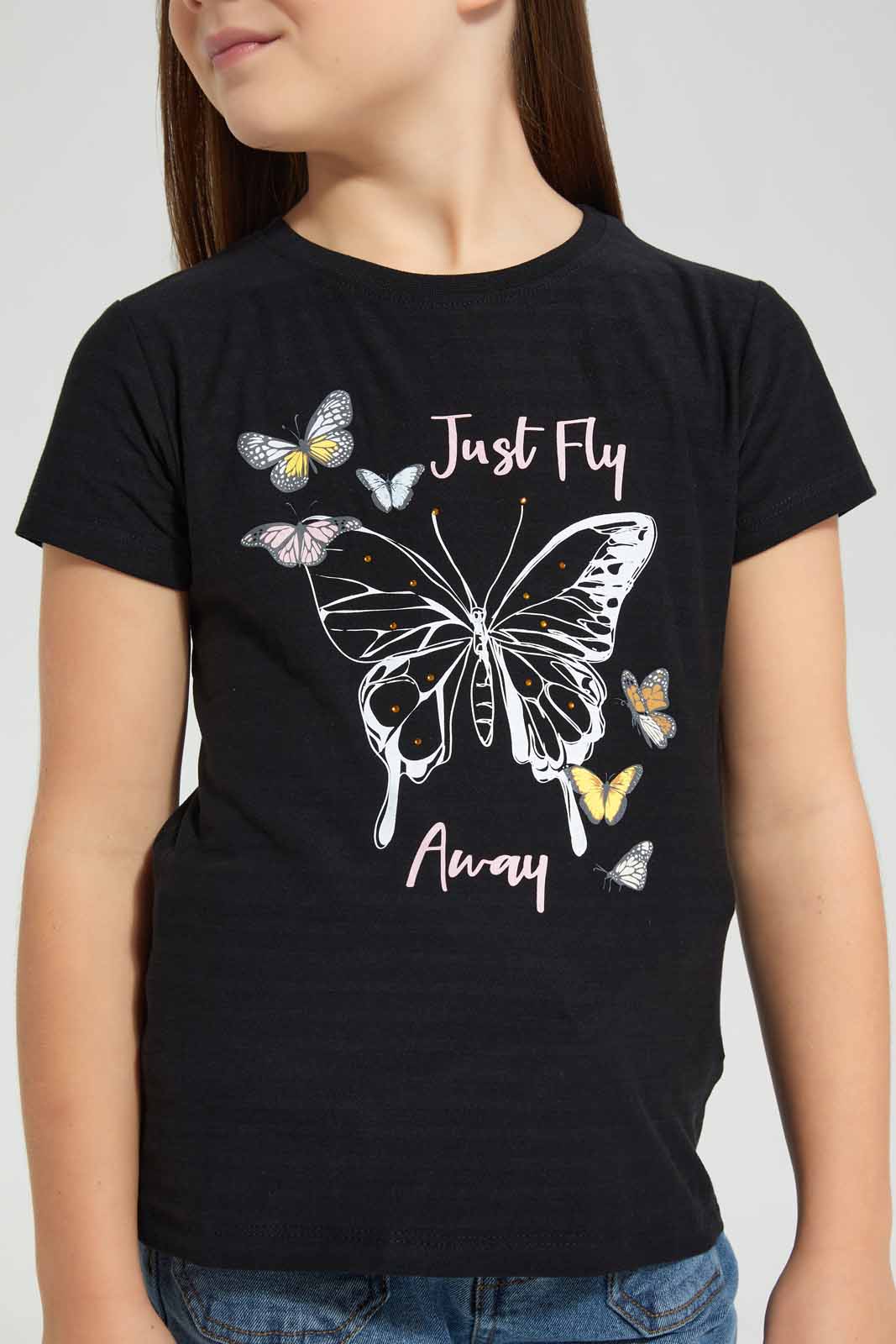 Redtag-Girls-T-Shirt-With-Rhinestone-And-Print-Category:T-Shirts,-Colour:Black,-Deals:New-In,-Filter:Girls-(2-to-8-Yrs),-GIR-T-Shirts,-New-In-GIR-APL,-Non-Sale,-S22D,-Section:Girls-(0-to-14Yrs),-TBL-Girls-2 to 8 Years