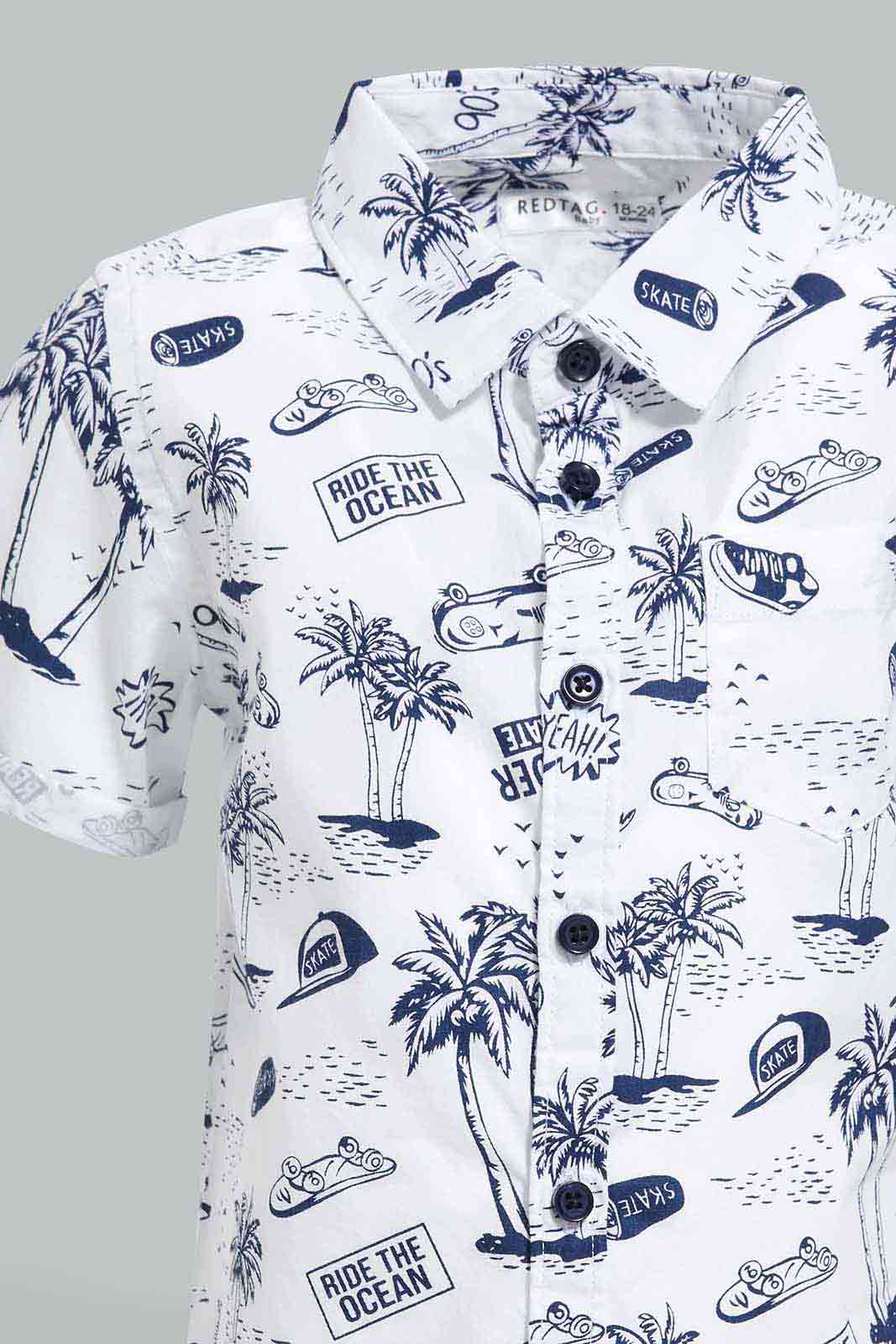 Redtag-White-Printed-Beach-And-Palm-Short-Sleeve-Shirt-Category:Shirts,-Colour:White,-Deals:New-In,-Filter:Infant-Boys-(3-to-24-Mths),-INB-Shirts,-New-In-INB-APL,-Non-Sale,-S22D,-Section:Boys-(0-to-14Yrs)-Infant-Boys-3 to 24 Months