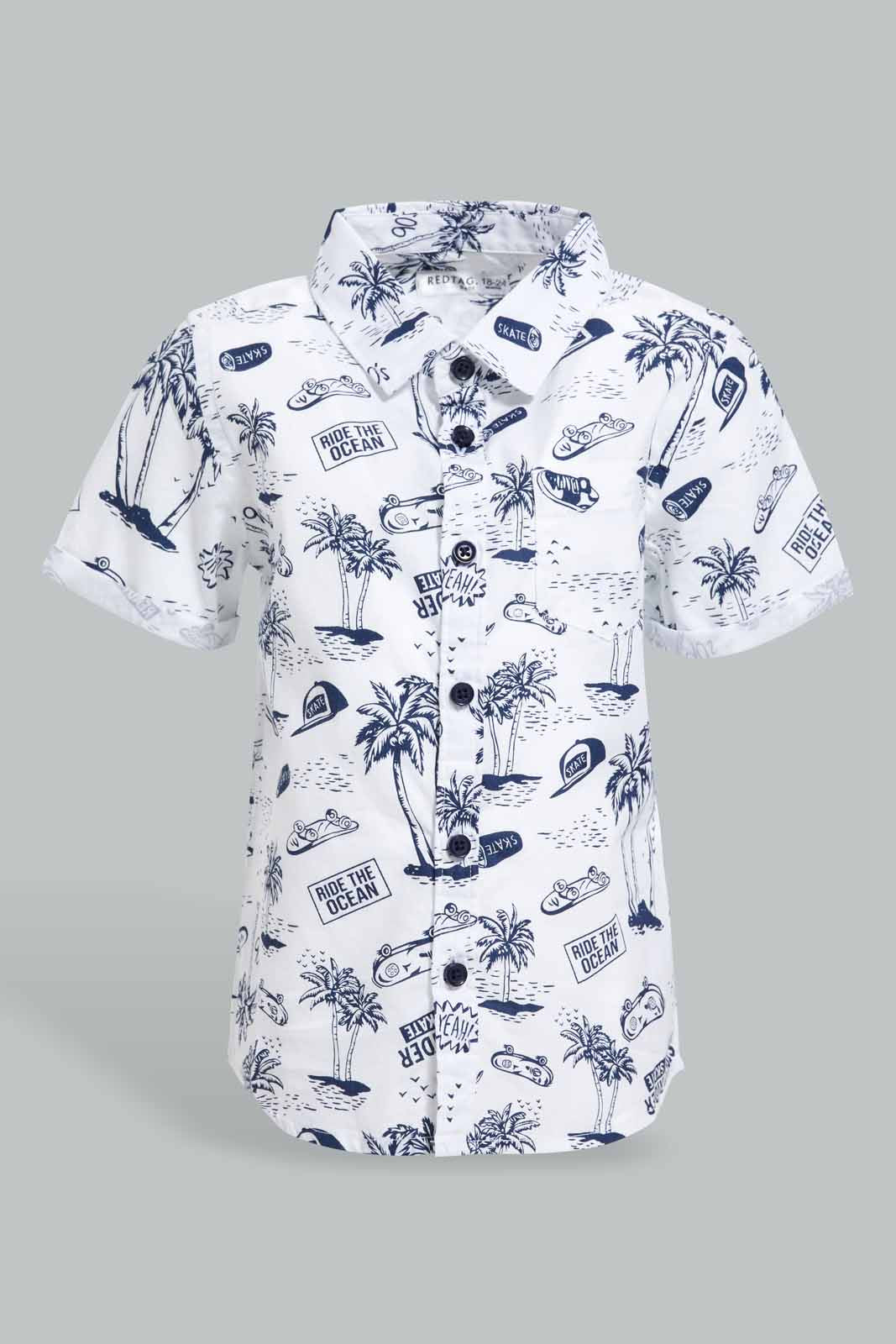 Redtag-White-Printed-Beach-And-Palm-Short-Sleeve-Shirt-Category:Shirts,-Colour:White,-Deals:New-In,-Filter:Infant-Boys-(3-to-24-Mths),-INB-Shirts,-New-In-INB-APL,-Non-Sale,-S22D,-Section:Boys-(0-to-14Yrs)-Infant-Boys-3 to 24 Months