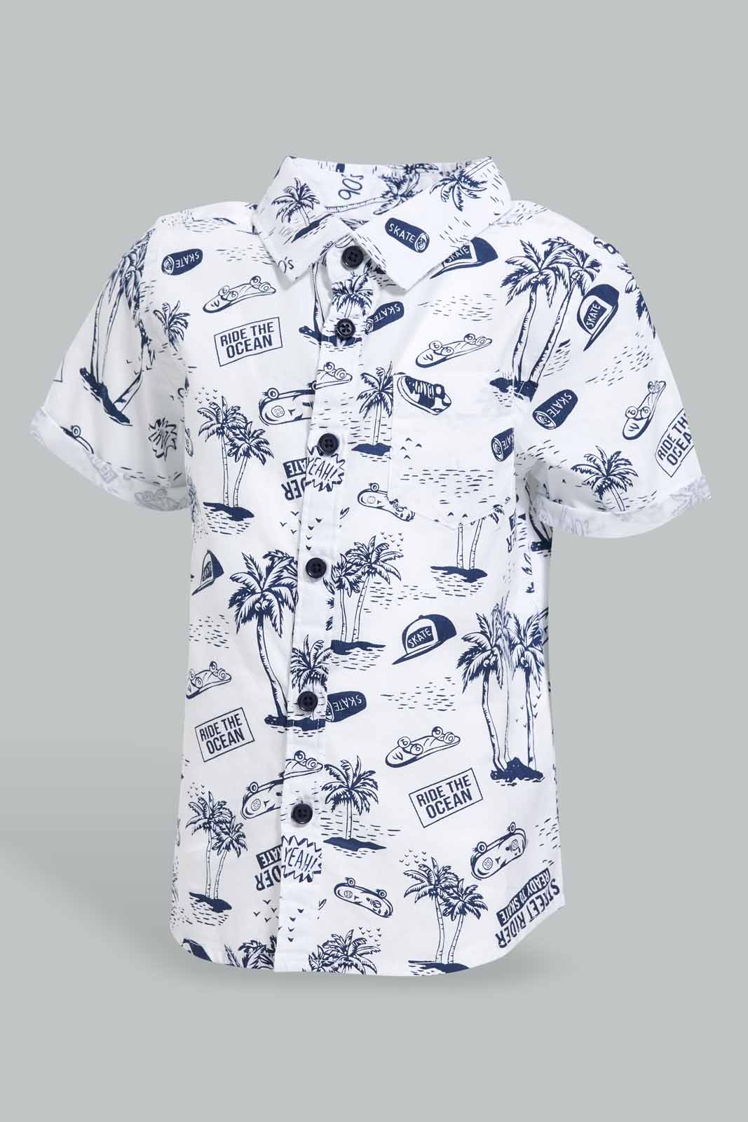 Redtag-White-Printed-Beach-And-Palm-Short-Sleeve-Shirt-Category:Shirts,-Colour:White,-Deals:New-In,-Filter:Infant-Boys-(3-to-24-Mths),-INB-Shirts,-New-In-INB-APL,-Non-Sale,-S22D,-Section:Boys-(0-to-14Yrs)-Infant-Boys-3 to 24 Months