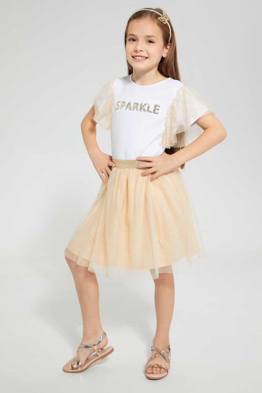 Redtag-White-And-Gold-Frilled-Front-Skirt-Set-(2-Piece)-Category:Sets,-Colour:Gold,-Colour:White,-Festive,-Filter:Girls-(2-to-8-Yrs),-Girls-Sets,-Non-Sale,-S22C,-Section:Girls-(0-to-14Yrs)-Girls-2 to 8 Years