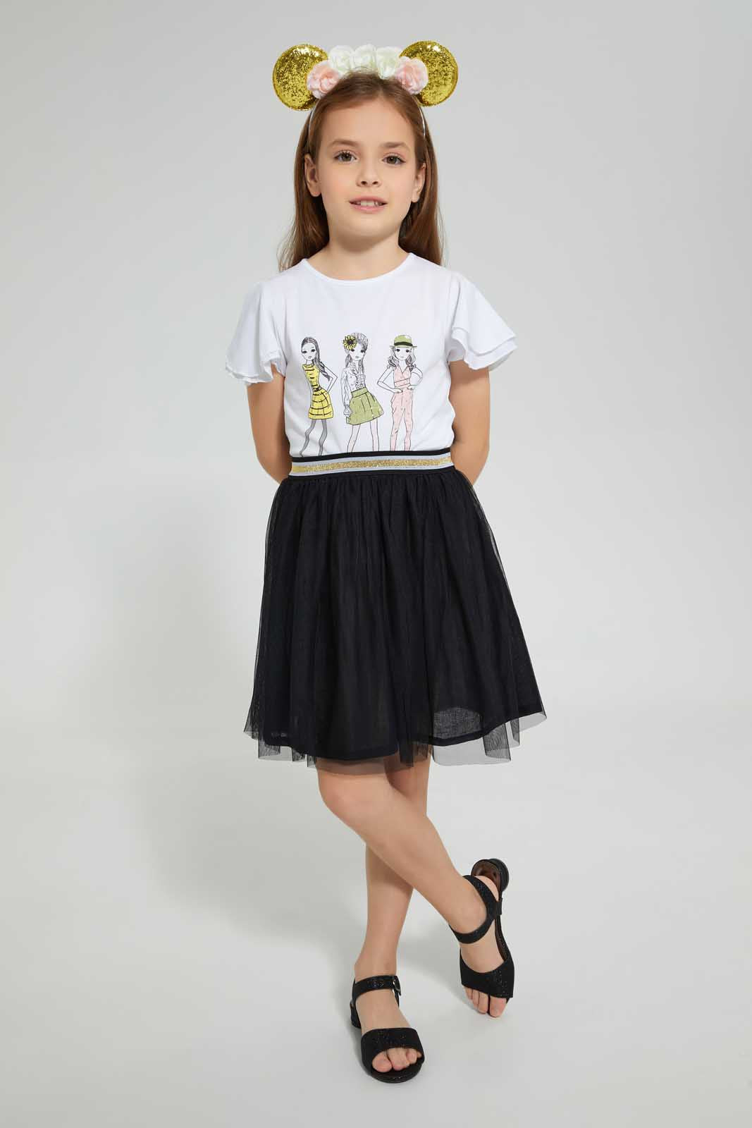 Redtag-White-And-Black-Print-Skirt-Set-(2-Piece)-Bundle,-Category:Sets,-Colour:Black,-Colour:White,-Deals:3-For-90,-Festive,-Filter:Girls-(2-to-8-Yrs),-Girls-Sets,-S22C,-Section:Girls-(0-to-14Yrs)-Girls-2 to 8 Years