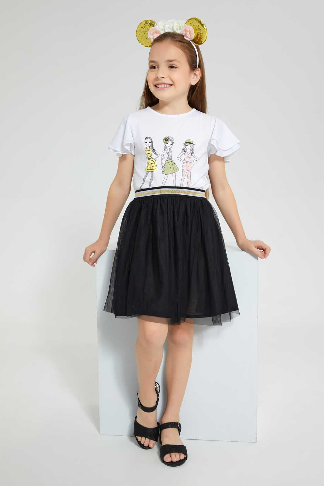 Redtag-White-And-Black-Print-Skirt-Set-(2-Piece)-Bundle,-Category:Sets,-Colour:Black,-Colour:White,-Deals:3-For-90,-Festive,-Filter:Girls-(2-to-8-Yrs),-Girls-Sets,-S22C,-Section:Girls-(0-to-14Yrs)-Girls-2 to 8 Years