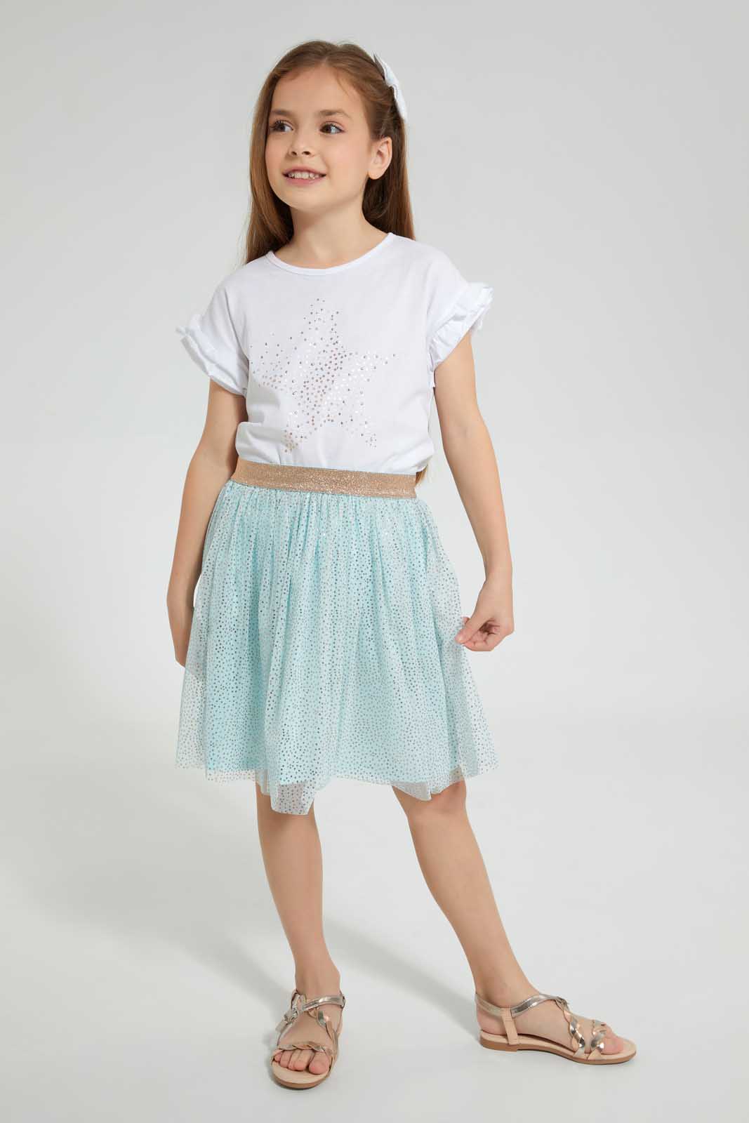 Redtag-Mint-Printed-Skirt-Set-Category:Sets,-Colour:Mint,-Festive,-Filter:Girls-(2-to-8-Yrs),-Girls-Sets,-Non-Sale,-S22C,-Section:Girls-(0-to-14Yrs)-Girls-2 to 8 Years