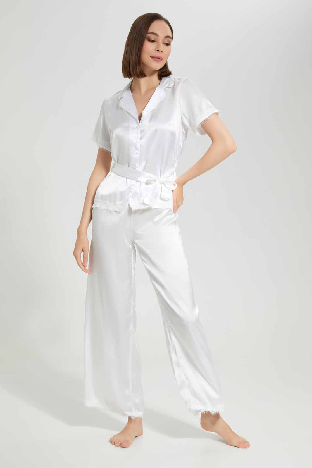Redtag-Ivory-Solid-Pyjama-Set-With-Belt-Category:Pyjama-Sets,-Colour:Ivory,-Deals:New-In,-Filter:Women's-Clothing,-New-In-Women-APL,-Non-Sale,-S22D,-Section:Women,-Women-Pyjama-Sets--