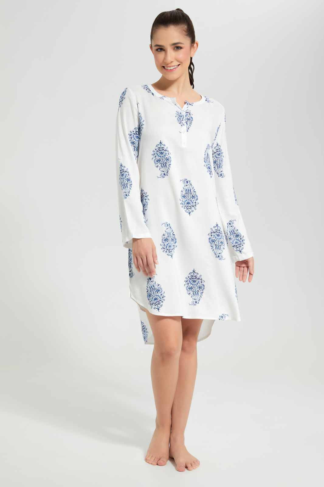 Redtag-White-Printed-Half-Placket-Woven-Nightshirt-Category:Nightshirts,-Colour:Ivory,-Deals:New-In,-Filter:Women's-Clothing,-New-In-Women-APL,-Non-Sale,-S22D,-Section:Women,-Women-Nightshirts--