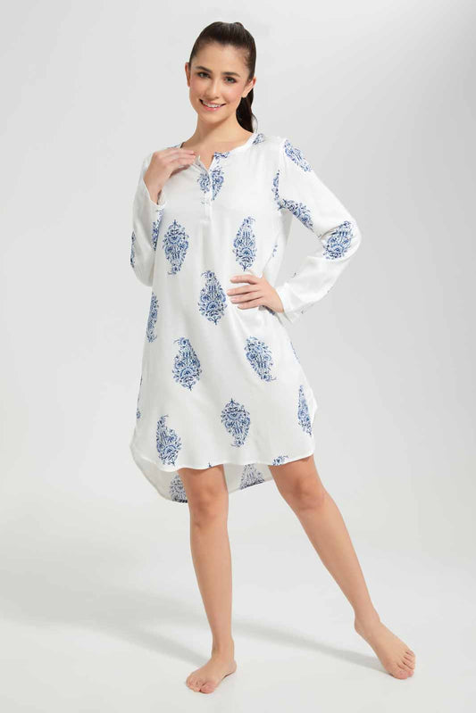 Redtag-White-Printed-Half-Placket-Woven-Nightshirt-Category:Nightshirts,-Colour:Ivory,-Deals:New-In,-Filter:Women's-Clothing,-New-In-Women-APL,-Non-Sale,-S22D,-Section:Women,-Women-Nightshirts--