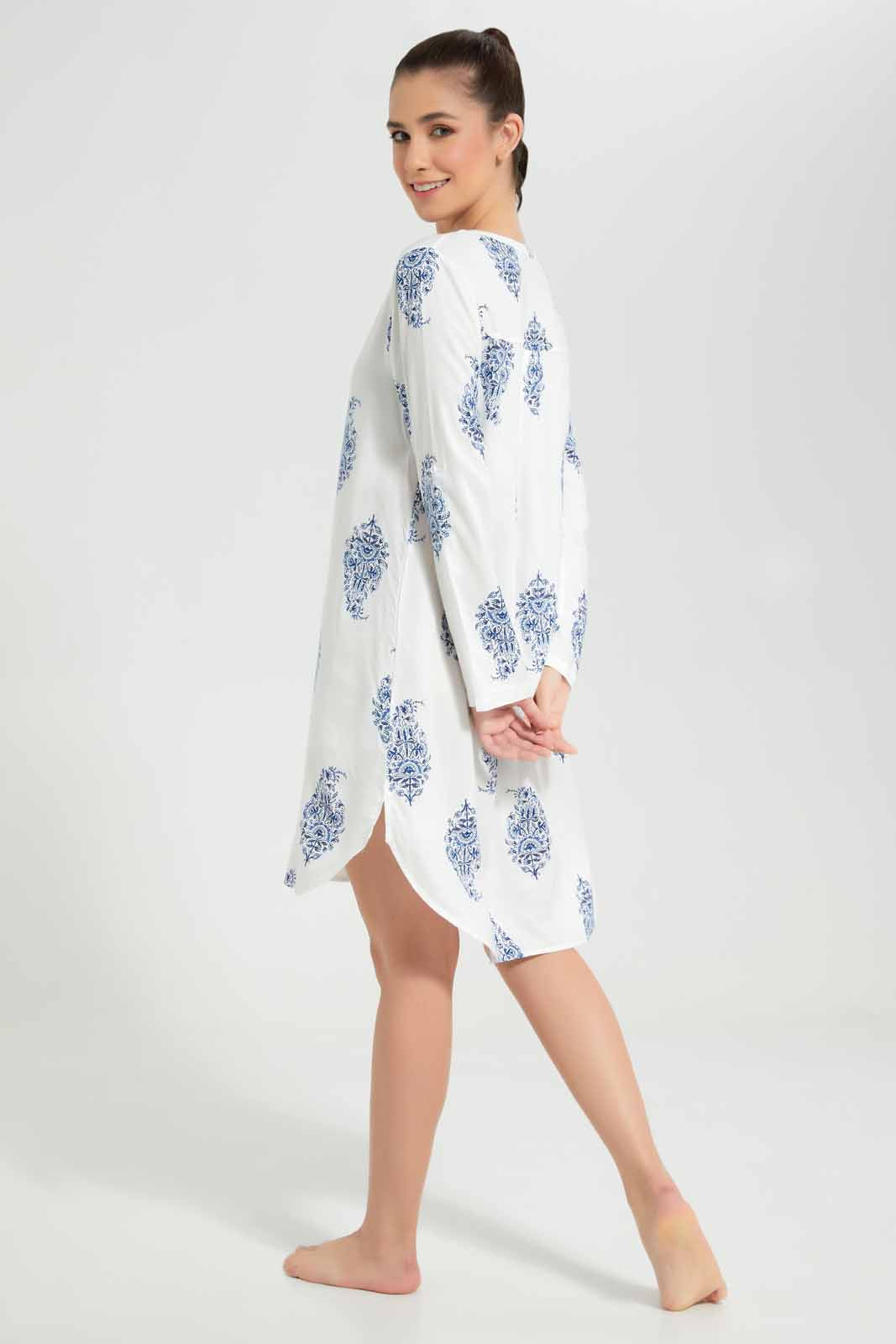 Redtag-White-Printed-Half-Placket-Woven-Nightshirt-Category:Nightshirts,-Colour:Ivory,-Deals:New-In,-Filter:Women's-Clothing,-New-In-Women-APL,-Non-Sale,-S22D,-Section:Women,-Women-Nightshirts--