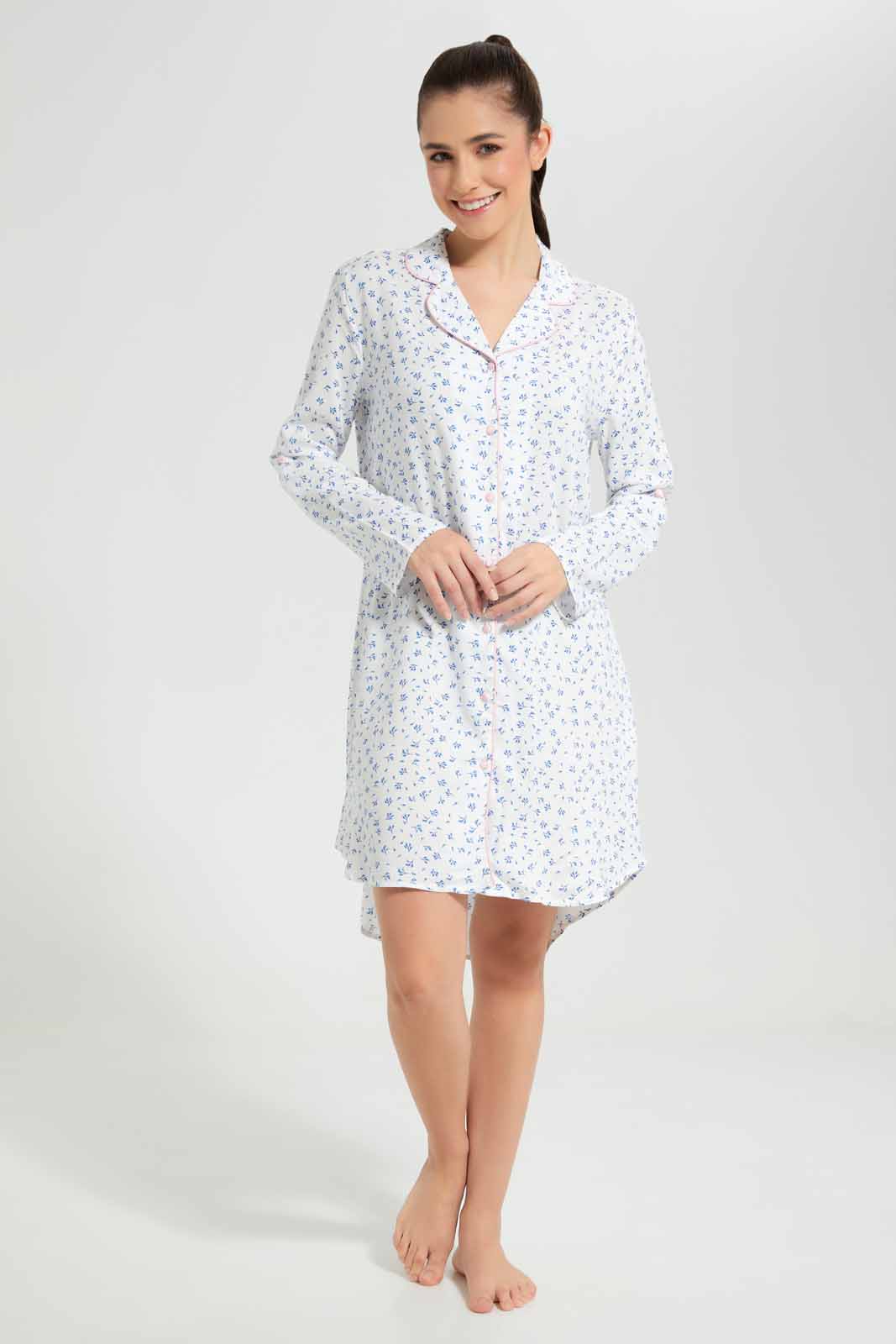 Redtag-Classic-Printed-Nightshirt-With-Contrast-Binding-Category:Nightshirts,-Colour:Ivory,-Deals:New-In,-Filter:Women's-Clothing,-New-In-Women-APL,-Non-Sale,-S22D,-Section:Women,-Women-Nightshirts--