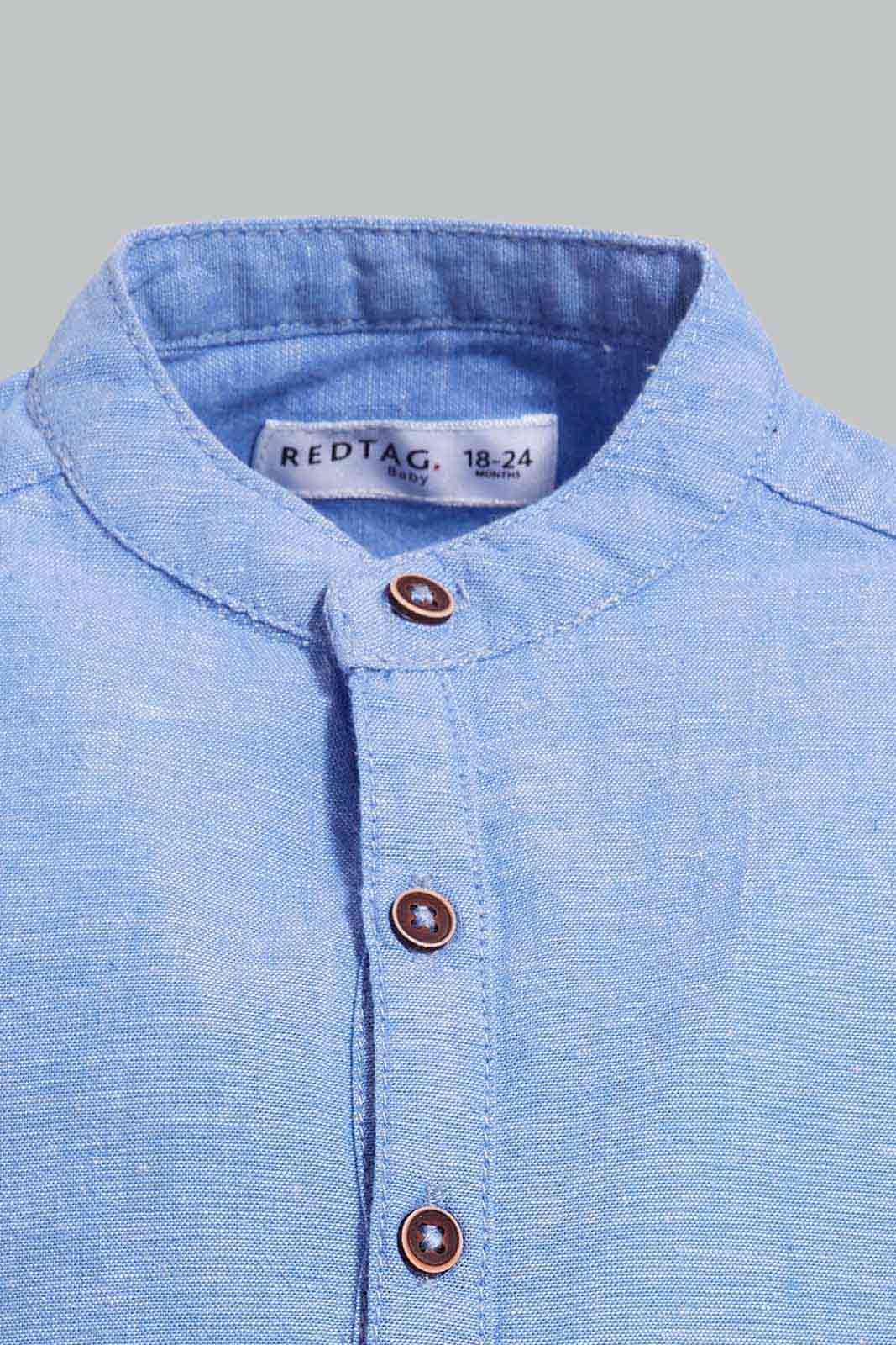 Redtag-Blue-Short-Sleeve-Mandarin-Shirt-Category:Shirts,-Colour:Blue,-Deals:New-In,-Filter:Infant-Boys-(3-to-24-Mths),-INB-Shirts,-New-In-INB-APL,-Non-Sale,-S22D,-Section:Boys-(0-to-14Yrs)-Infant-Boys-3 to 24 Months