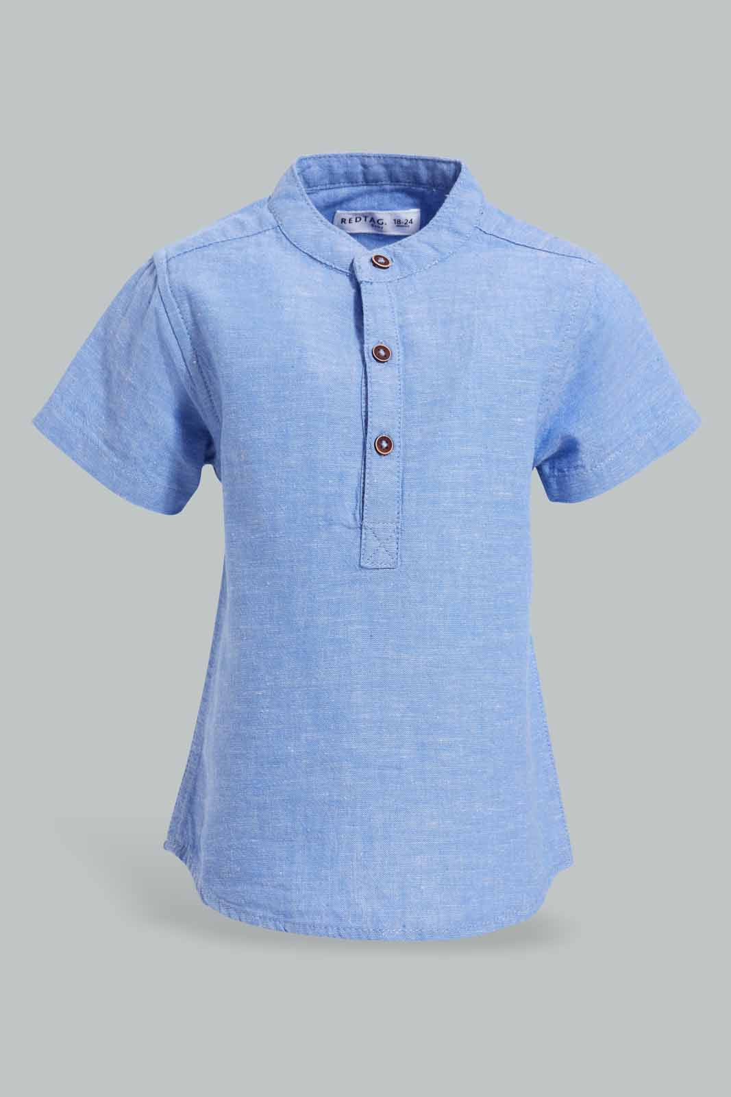 Redtag-Blue-Short-Sleeve-Mandarin-Shirt-Category:Shirts,-Colour:Blue,-Deals:New-In,-Filter:Infant-Boys-(3-to-24-Mths),-INB-Shirts,-New-In-INB-APL,-Non-Sale,-S22D,-Section:Boys-(0-to-14Yrs)-Infant-Boys-3 to 24 Months