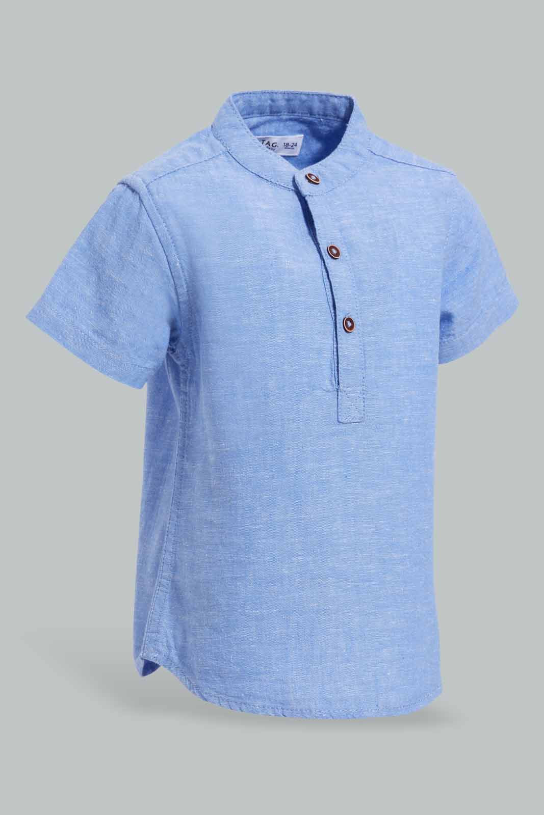 Redtag-Blue-Short-Sleeve-Mandarin-Shirt-Category:Shirts,-Colour:Blue,-Deals:New-In,-Filter:Infant-Boys-(3-to-24-Mths),-INB-Shirts,-New-In-INB-APL,-Non-Sale,-S22D,-Section:Boys-(0-to-14Yrs)-Infant-Boys-3 to 24 Months