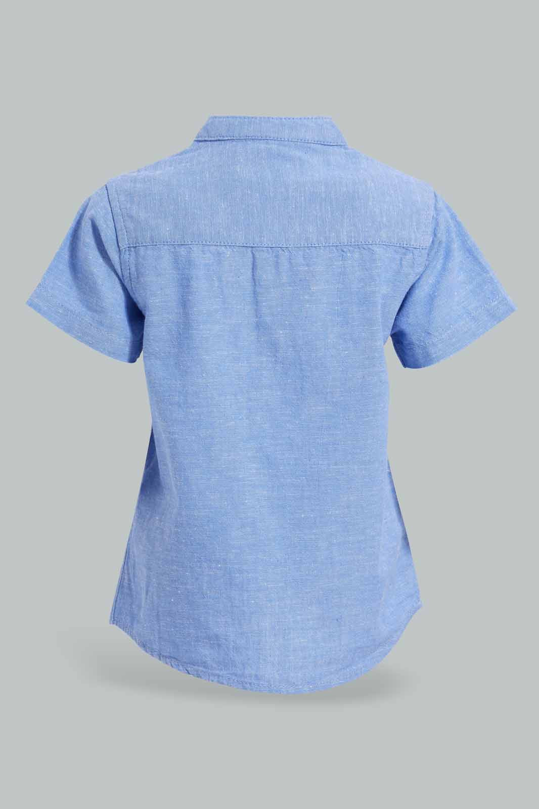 Redtag-Blue-Short-Sleeve-Mandarin-Shirt-Category:Shirts,-Colour:Blue,-Deals:New-In,-Filter:Infant-Boys-(3-to-24-Mths),-INB-Shirts,-New-In-INB-APL,-Non-Sale,-S22D,-Section:Boys-(0-to-14Yrs)-Infant-Boys-3 to 24 Months