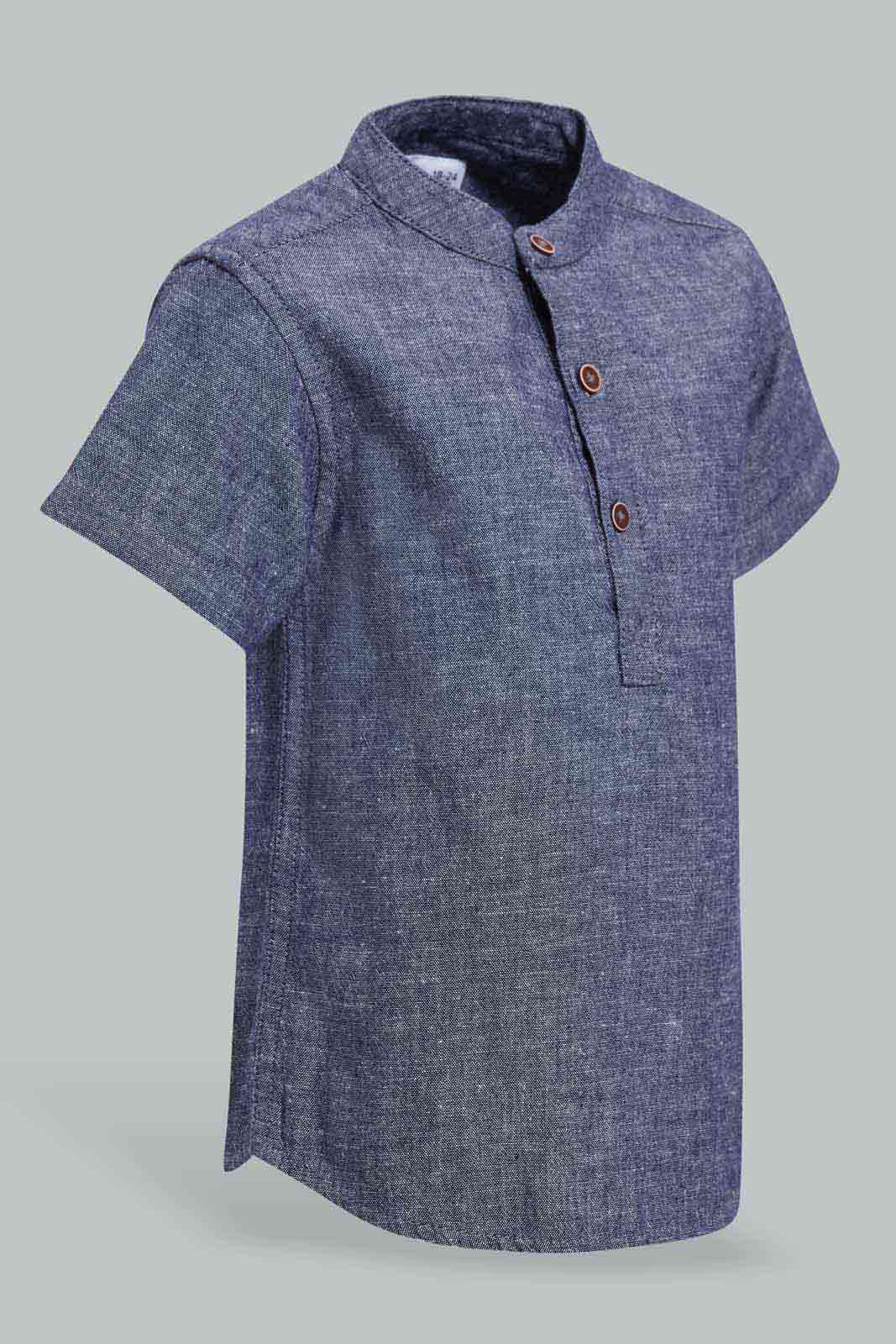 Redtag-Navy-Short-Sleeve-Mandarin-Shirt-Category:Shirts,-Colour:Navy,-Deals:New-In,-Filter:Infant-Boys-(3-to-24-Mths),-INB-Shirts,-New-In-INB-APL,-Non-Sale,-S22D,-Section:Boys-(0-to-14Yrs)-Infant-Boys-3 to 24 Months