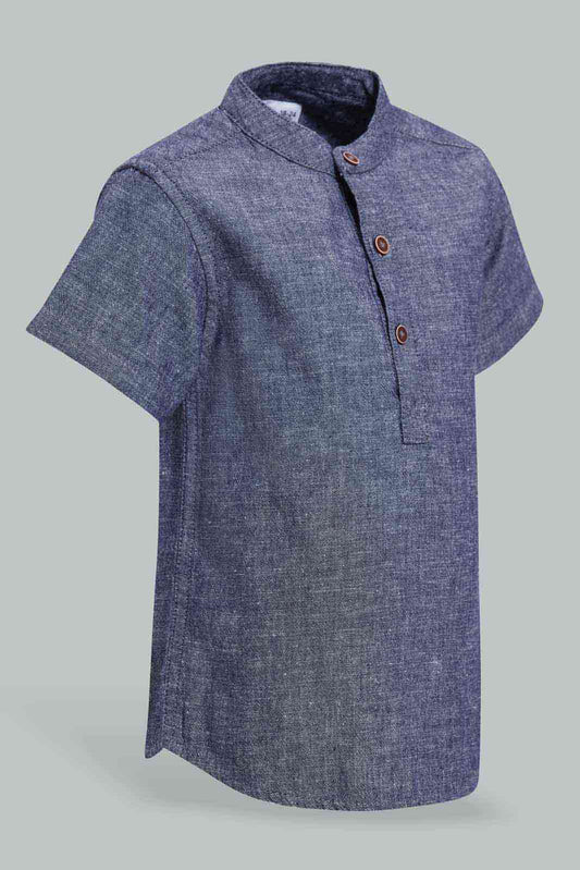 Redtag-Navy-Short-Sleeve-Mandarin-Shirt-Category:Shirts,-Colour:Navy,-Deals:New-In,-Filter:Infant-Boys-(3-to-24-Mths),-INB-Shirts,-New-In-INB-APL,-Non-Sale,-S22D,-Section:Boys-(0-to-14Yrs)-Infant-Boys-3 to 24 Months
