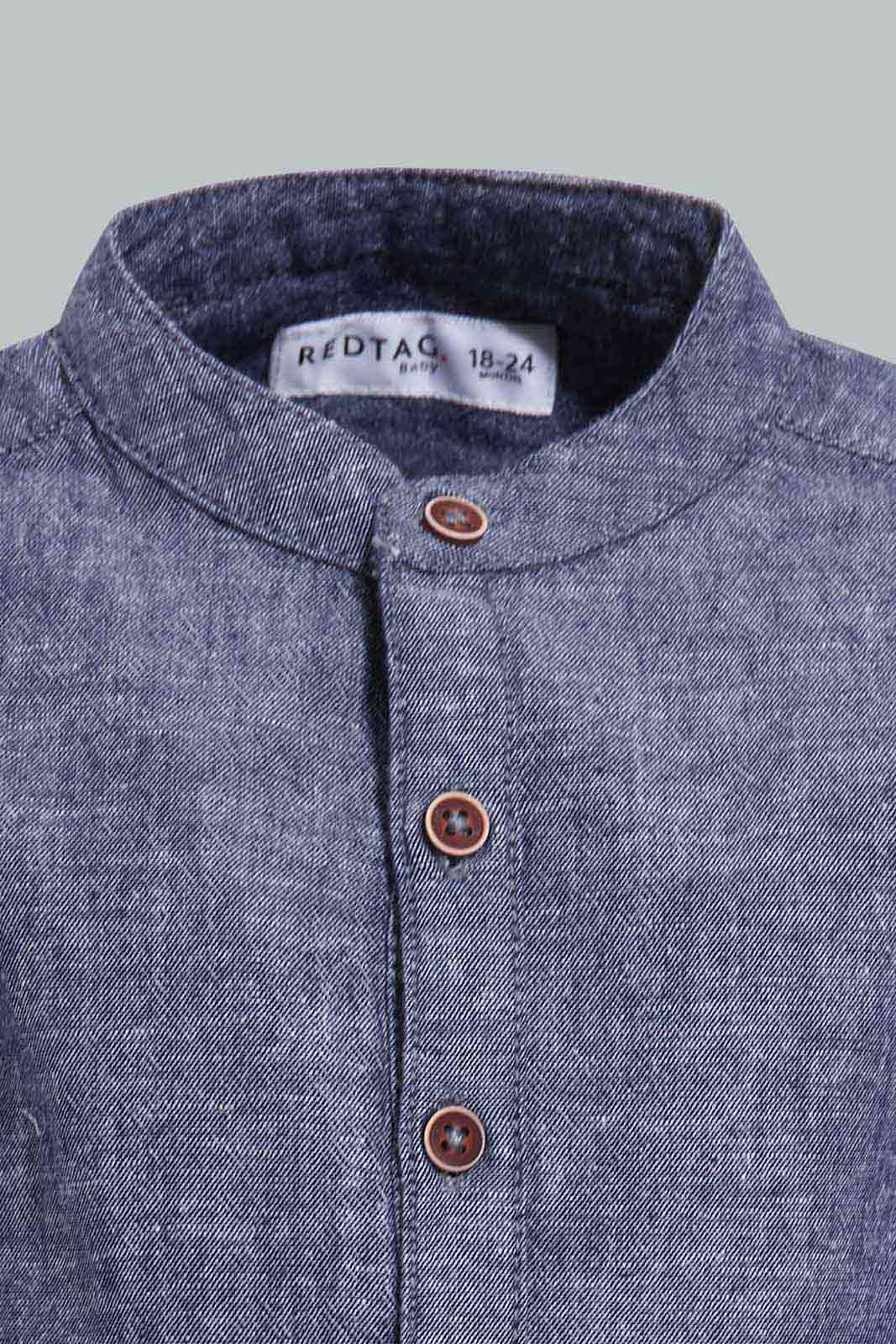 Redtag-Navy-Short-Sleeve-Mandarin-Shirt-Category:Shirts,-Colour:Navy,-Deals:New-In,-Filter:Infant-Boys-(3-to-24-Mths),-INB-Shirts,-New-In-INB-APL,-Non-Sale,-S22D,-Section:Boys-(0-to-14Yrs)-Infant-Boys-3 to 24 Months