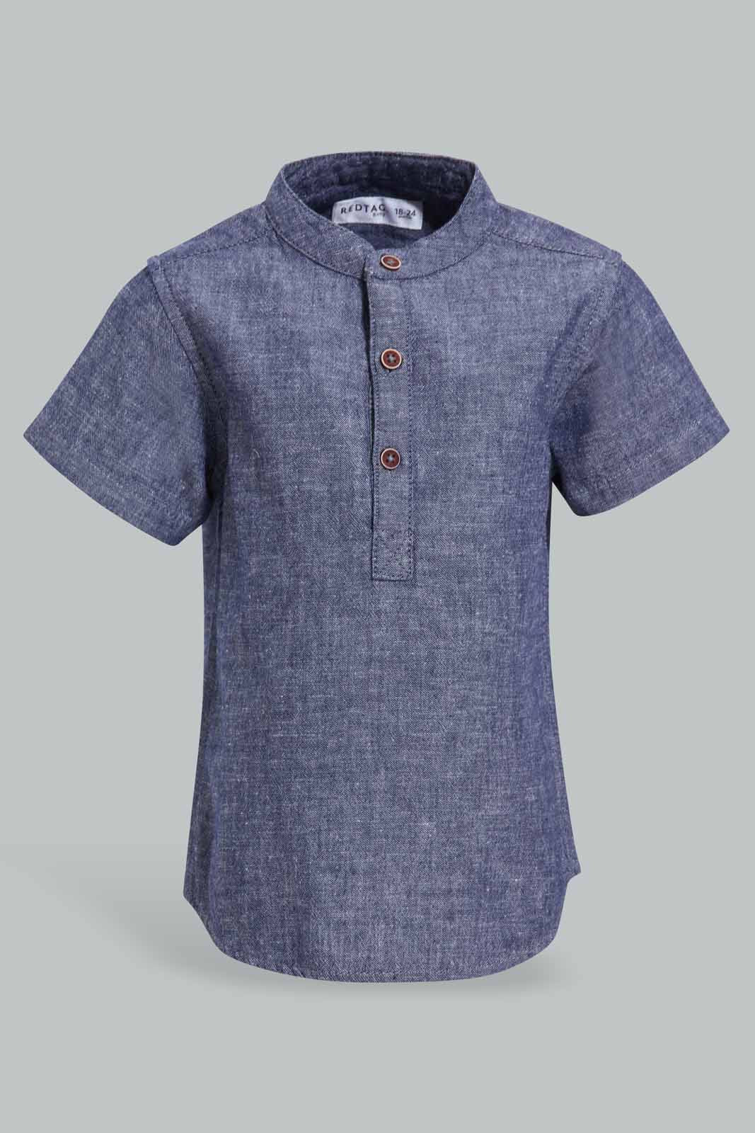Redtag-Navy-Short-Sleeve-Mandarin-Shirt-Category:Shirts,-Colour:Navy,-Deals:New-In,-Filter:Infant-Boys-(3-to-24-Mths),-INB-Shirts,-New-In-INB-APL,-Non-Sale,-S22D,-Section:Boys-(0-to-14Yrs)-Infant-Boys-3 to 24 Months