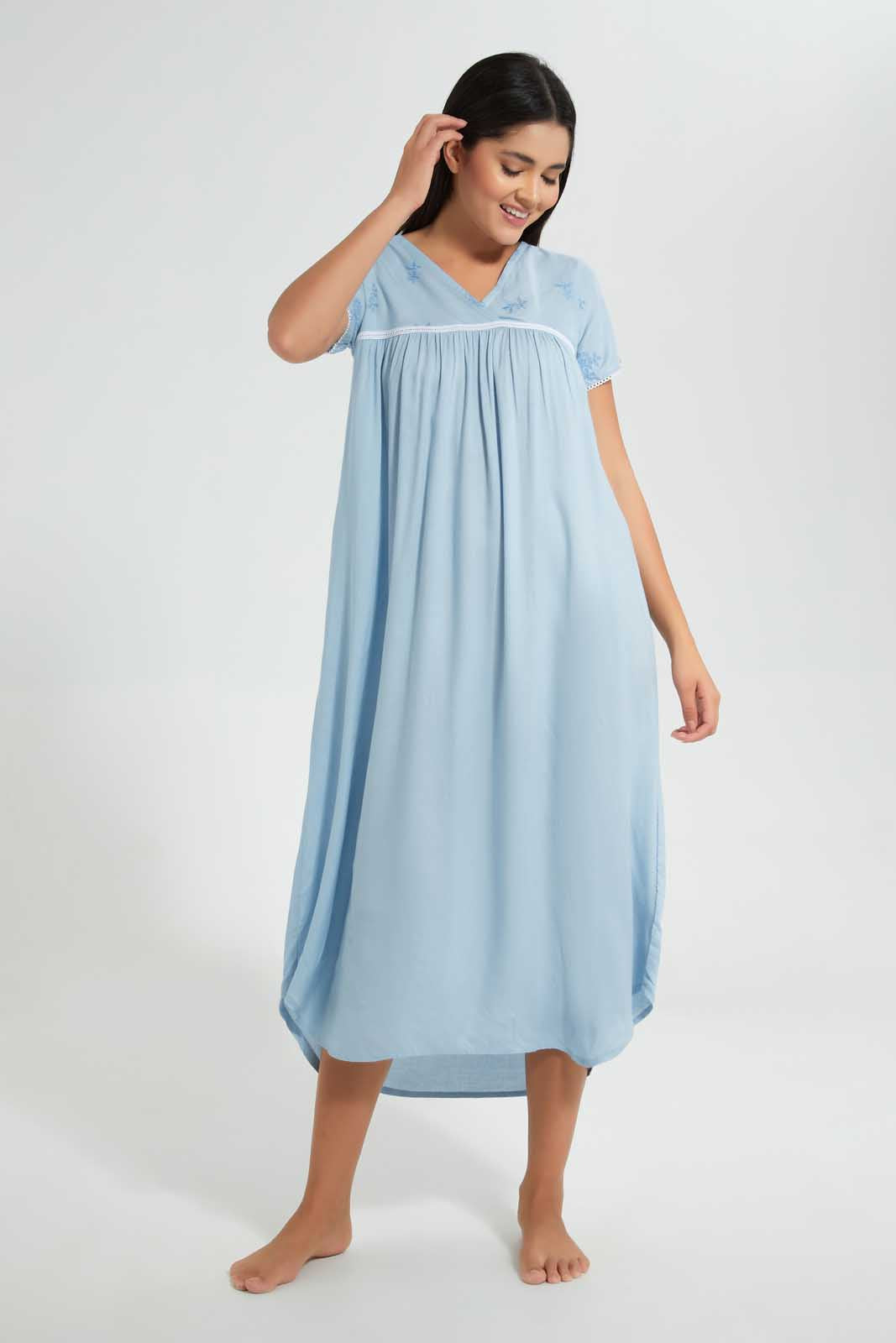 Redtag-Navy-Plain-Nightgown-With-Embroidery-Nightgowns-Women's-