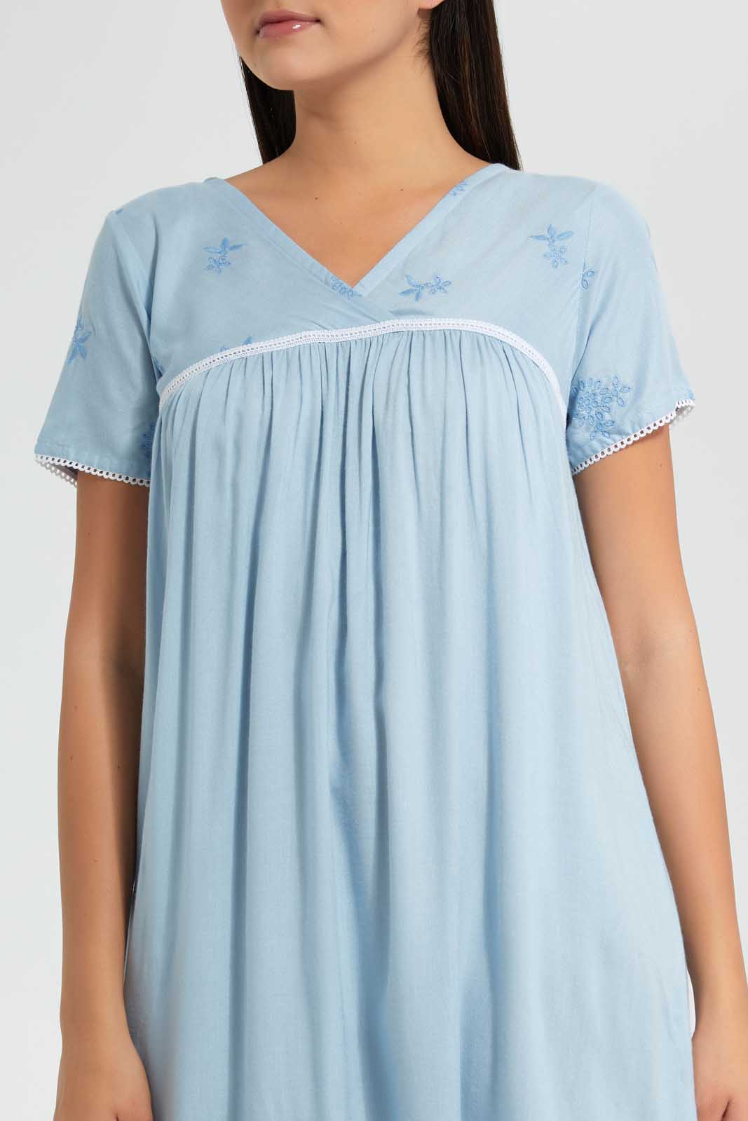 Redtag-Navy-Plain-Nightgown-With-Embroidery-Nightgowns-Women's-