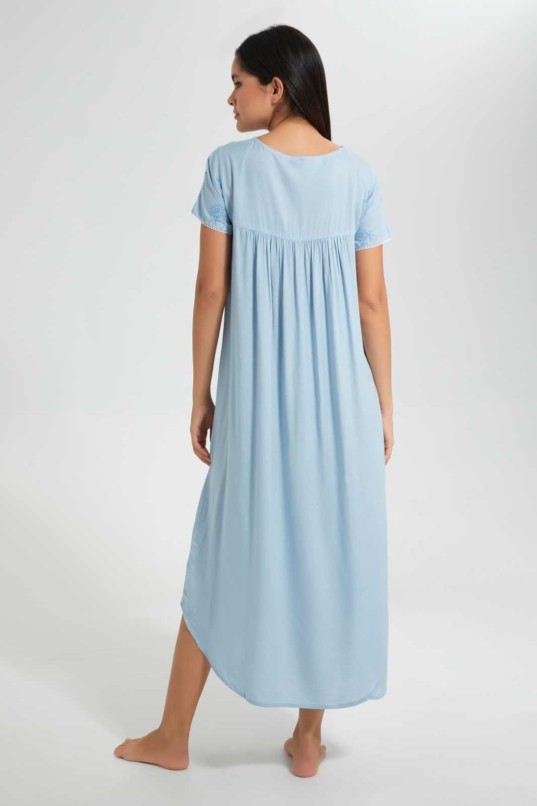 Redtag-Navy-Plain-Nightgown-With-Embroidery-Nightgowns-Women's-