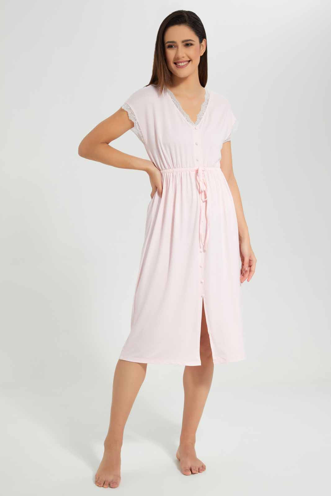Redtag-Pink-Polka-Printed-Nightgown-Category:Nightgowns,-Colour:Apricot,-Deals:New-In,-Filter:Women's-Clothing,-New-In-Women-APL,-Non-Sale,-S22D,-Section:Women,-Women-Nightgowns--