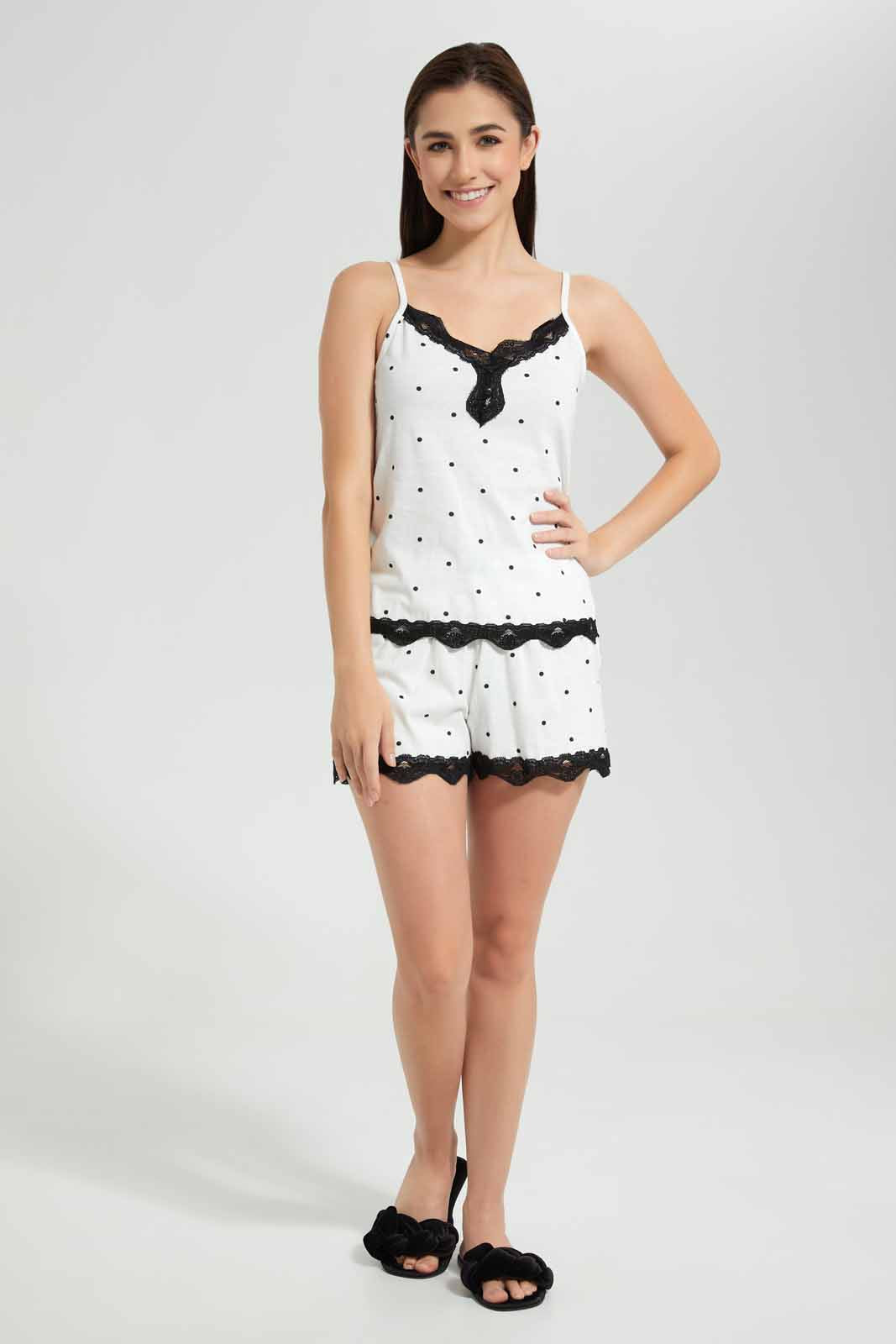 Redtag-Ivory-Black-Polka-Dot-Printed-Cami-Set-Category:Cami-Sets,-Colour:Assorted,-Deals:New-In,-Filter:Women's-Clothing,-New-In-Women-APL,-Non-Sale,-S22C,-Section:Women,-TBL,-Women-Cami-Sets--