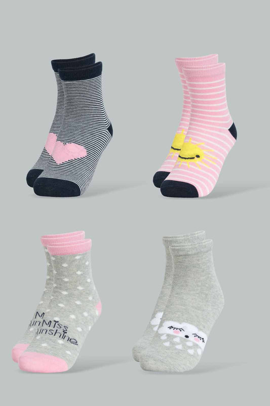 Redtag-Assorted-4-Pc-Pack-Socks-Full-Length-Socks-Girls-2 to 8 Years