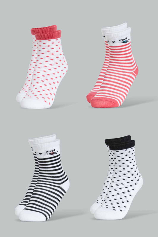 Redtag-Assorted-4-Pc-Pack-Socks-Full-Length-Socks-Girls-2 to 8 Years