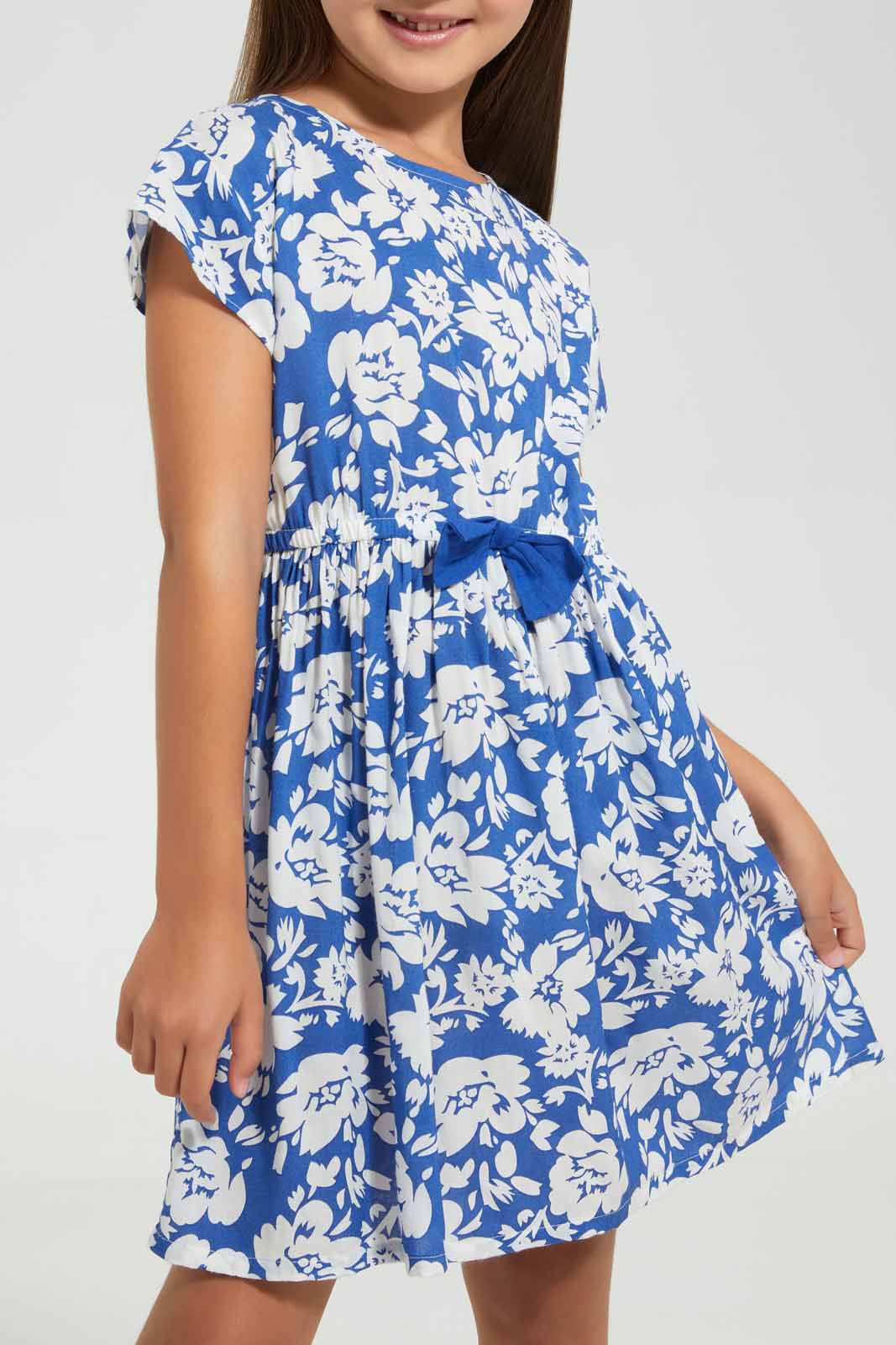 Redtag-Blue-Printed-Dress-Dresses-Girls-2 to 8 Years