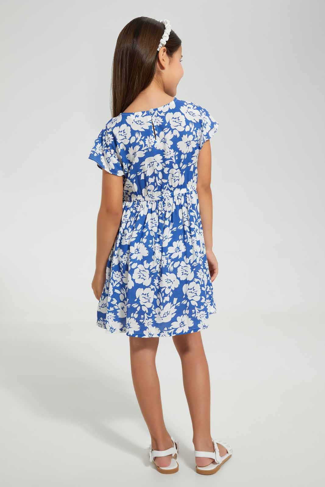 Redtag-Blue-Printed-Dress-Dresses-Girls-2 to 8 Years