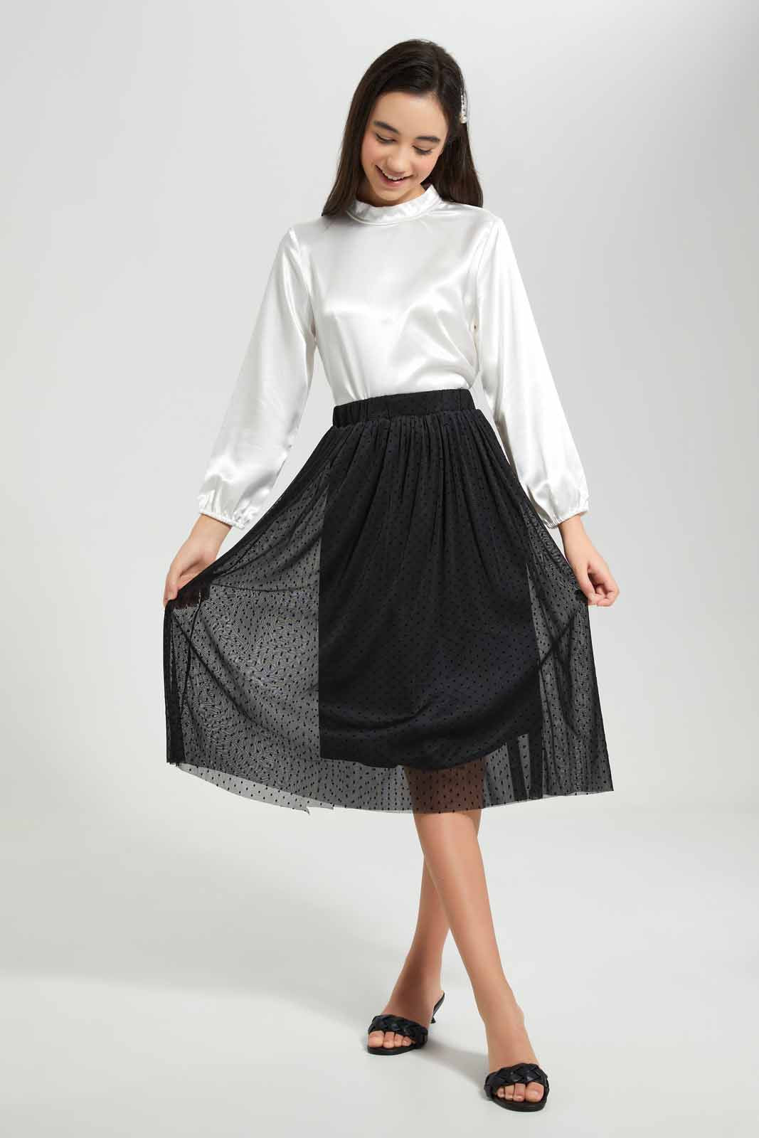 Redtag-Black-Flock-Dobby-Tulle-Skirts-Category:Skirts,-Colour:Black,-Deals:New-In,-Festive,-Filter:Senior-Girls-(9-to-14-Yrs),-GSR-Skirts,-New-In-GSR-APL,-Non-Sale,-Section:Girls-(0-to-14Yrs),-W22O-Senior-Girls-9 to 14 Years