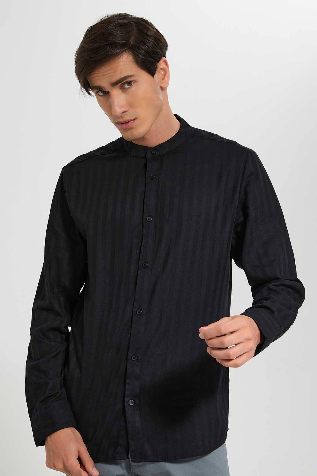 Redtag-Black-Mandarin-Collar-Shirt-Category:Shirts,-Colour:Black,-Deals:New-In,-Festive,-Filter:Men's-Clothing,-Men-Shirts,-New-In-Men-APL,-Non-Sale,-Section:Men,-W22O-Men's-