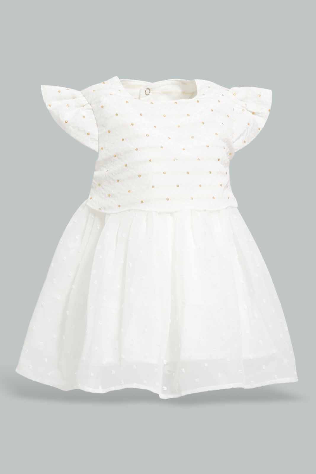 Redtag-White-Jacquard-Bodysuit-Dress-APL,-Category:Dresses,-Colour:White,-Deals:Sale,-Festive,-Filter:Baby-(0-to-12-Mths),-NBG-Dresses,-Sale-KWRNBF,-Section:Girls-(0-to-14Yrs),-W22O-Baby-0 to 12 Months