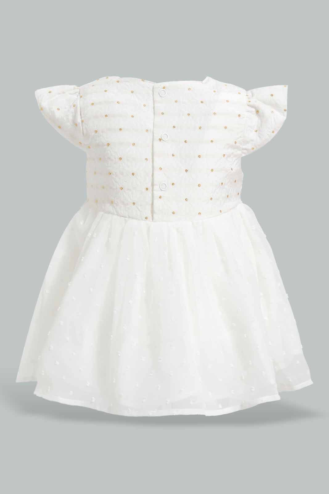 Redtag-White-Jacquard-Bodysuit-Dress-APL,-Category:Dresses,-Colour:White,-Deals:Sale,-Festive,-Filter:Baby-(0-to-12-Mths),-NBG-Dresses,-Sale-KWRNBF,-Section:Girls-(0-to-14Yrs),-W22O-Baby-0 to 12 Months