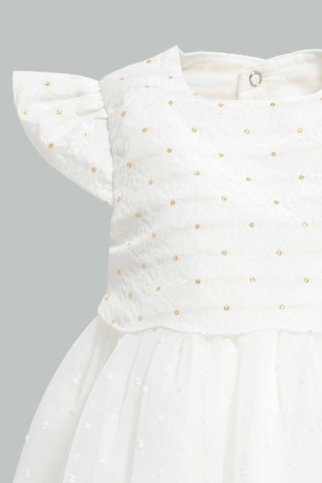 Redtag-White-Jacquard-Bodysuit-Dress-APL,-Category:Dresses,-Colour:White,-Deals:Sale,-Festive,-Filter:Baby-(0-to-12-Mths),-NBG-Dresses,-Sale-KWRNBF,-Section:Girls-(0-to-14Yrs),-W22O-Baby-0 to 12 Months