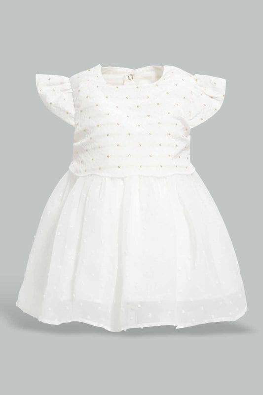 Redtag-White-Jacquard-Bodysuit-Dress-APL,-Category:Dresses,-Colour:White,-Deals:Sale,-Festive,-Filter:Baby-(0-to-12-Mths),-NBG-Dresses,-Sale-KWRNBF,-Section:Girls-(0-to-14Yrs),-W22O-Baby-0 to 12 Months