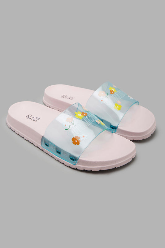 Redtag-Pale-Pink-Flower-Print-Slide-Category:Flip-Flops,-Colour:Pink,-Filter:Girls-Footwear-(5-to-14-Yrs),-GSR-Flip-Flops,-New-In,-New-In-GSR-FOO,-Non-Sale,-Section:Girls-(0-to-14Yrs),-W22O-Senior-Girls-5 to 14 Years