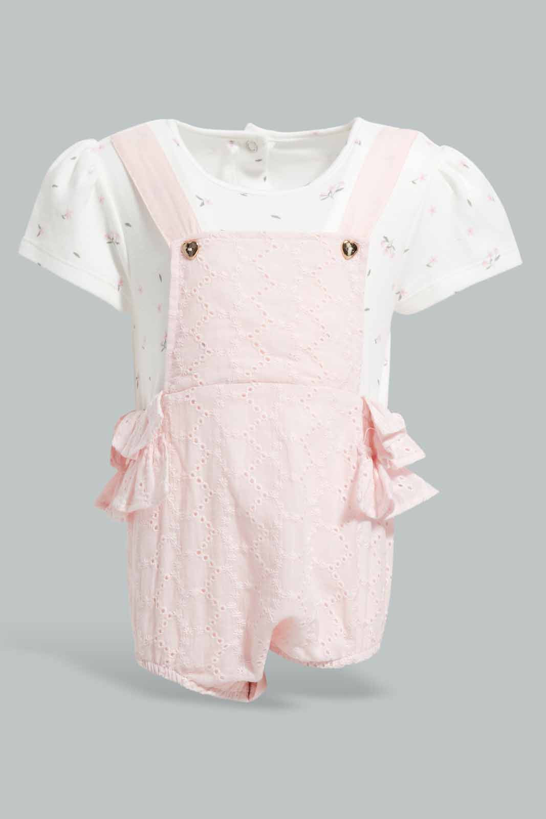 Redtag-Pink-Broidery-Anglis-Dungaree-With-Pair-Of-Booties-APL,-Category:Sleepsuits,-Colour:Apricot,-Deals:Sale,-Festive,-Filter:Baby-(0-to-12-Mths),-NBG-Sleepsuits,-Sale-KWRNBF,-Section:Girls-(0-to-14Yrs),-W22O-Baby-0 to 12 Months