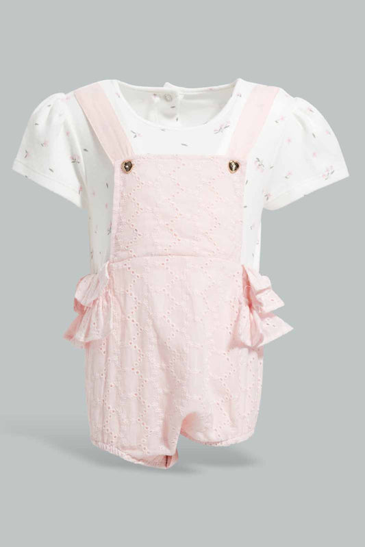Redtag-Pink-Broidery-Anglis-Dungaree-With-Pair-Of-Booties-APL,-Category:Sleepsuits,-Colour:Apricot,-Deals:Sale,-Festive,-Filter:Baby-(0-to-12-Mths),-NBG-Sleepsuits,-Sale-KWRNBF,-Section:Girls-(0-to-14Yrs),-W22O-Baby-0 to 12 Months