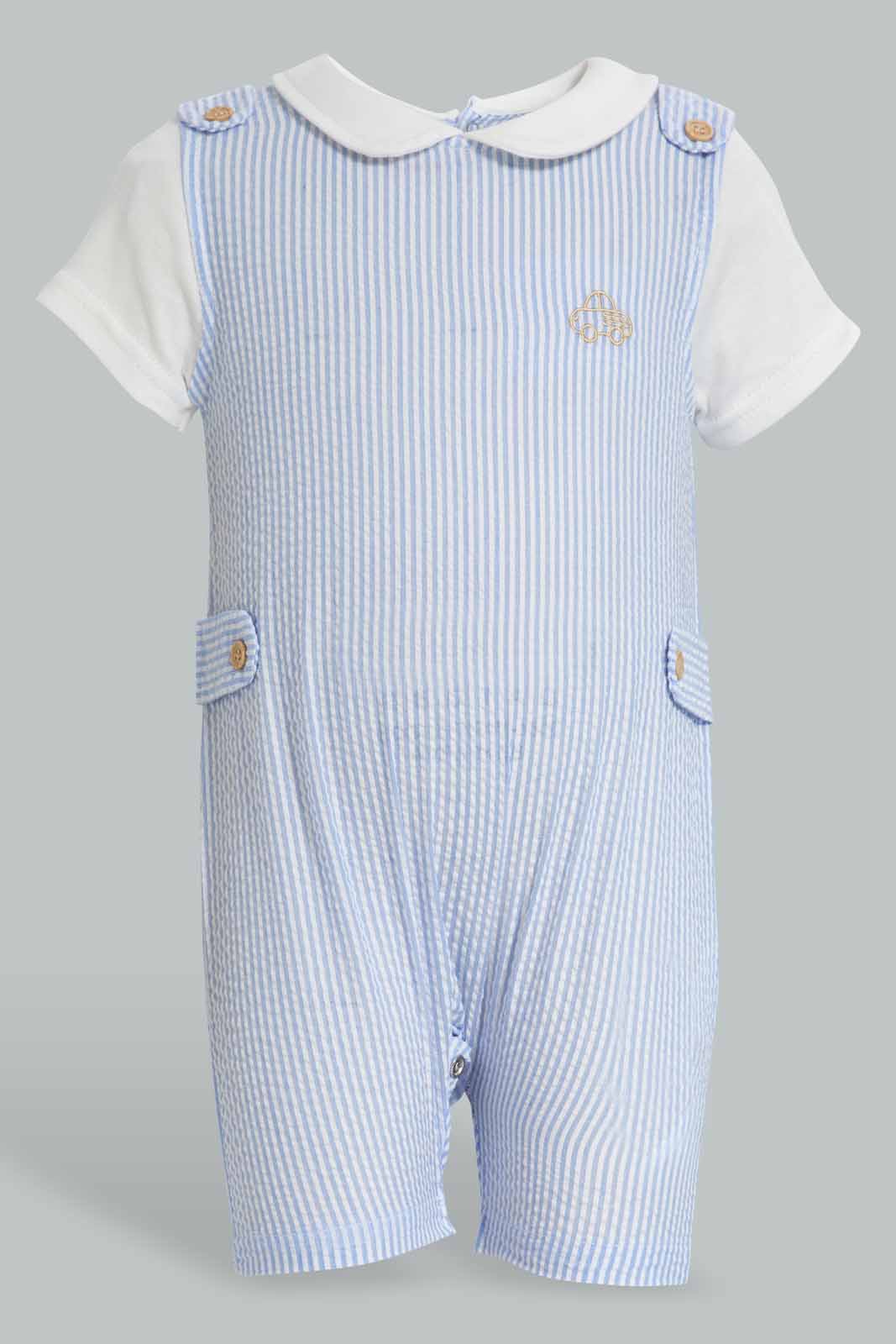 Redtag-Blue-And-White-Seer-Sucker-Dungaree-APL,-Category:Sleepsuits,-Colour:Blue,-Deals:New-In,-Festive,-Filter:Baby-(0-to-12-Mths),-NBB-Sleepsuits,-New-In-NBB-APL,-Non-Sale,-Section:Boys-(0-to-14Yrs),-W22O-Baby-0 to 12 Months