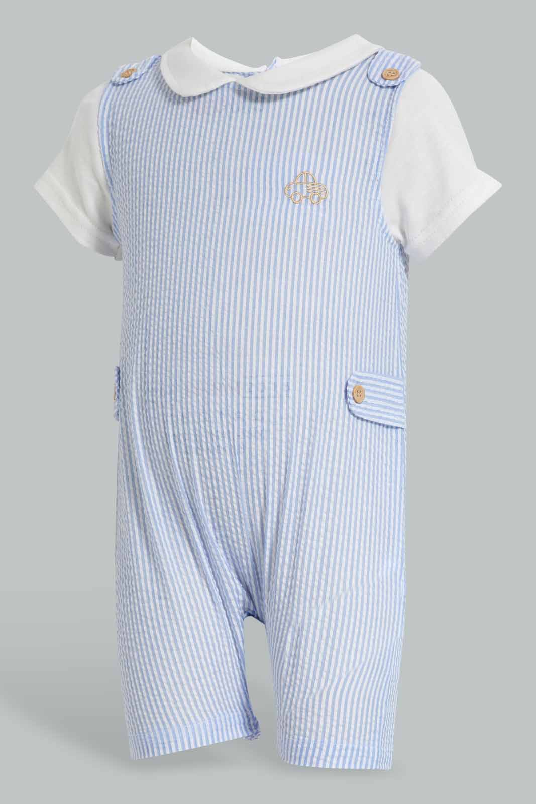 Redtag-Blue-And-White-Seer-Sucker-Dungaree-APL,-Category:Sleepsuits,-Colour:Blue,-Deals:New-In,-Festive,-Filter:Baby-(0-to-12-Mths),-NBB-Sleepsuits,-New-In-NBB-APL,-Non-Sale,-Section:Boys-(0-to-14Yrs),-W22O-Baby-0 to 12 Months