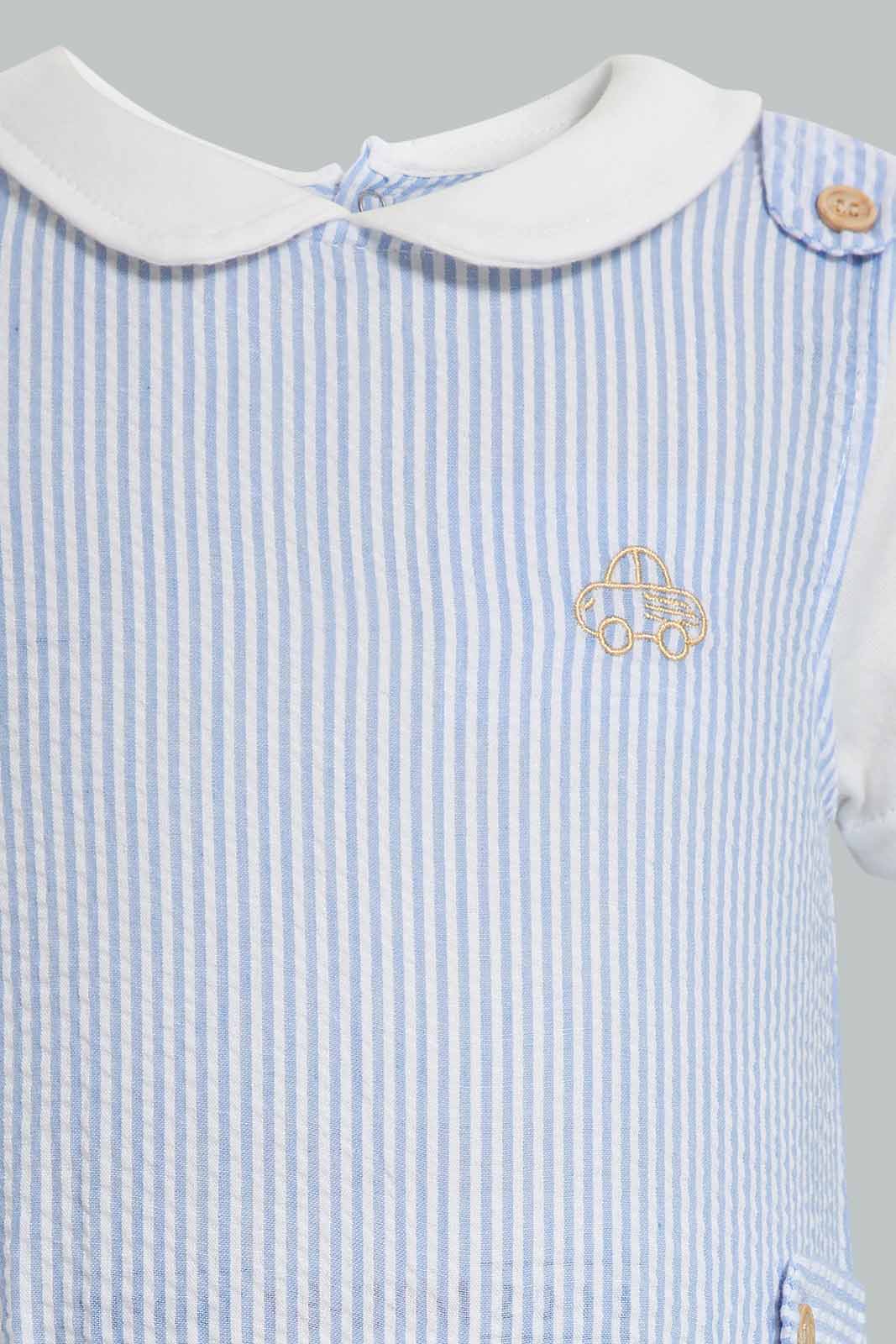 Redtag-Blue-And-White-Seer-Sucker-Dungaree-APL,-Category:Sleepsuits,-Colour:Blue,-Deals:New-In,-Festive,-Filter:Baby-(0-to-12-Mths),-NBB-Sleepsuits,-New-In-NBB-APL,-Non-Sale,-Section:Boys-(0-to-14Yrs),-W22O-Baby-0 to 12 Months